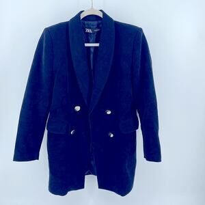 Zara long line double breasted velvet feel blazer jacket sz L